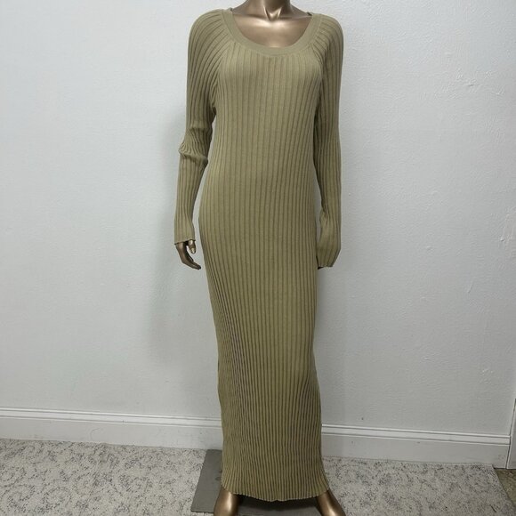 Free People Beach Khaki  Walk About Ribbed Long Sleeve Maxi Dress Bodycon Size L - Picture 1 of 11